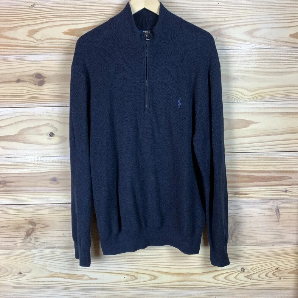Polo Ralph Lauren Men XL 1/4‎ Zip Pullover Pima Cotton Waffle Knit Pony Blue